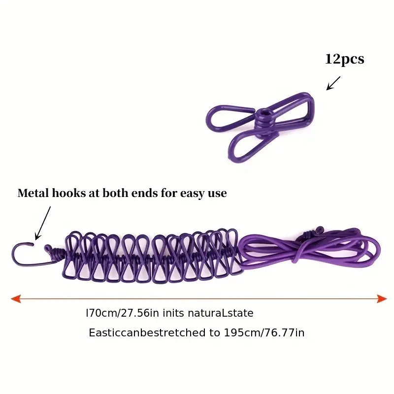 12 Clips Elastic Laundry Rope, Portable Multifunctional Drying Clips, Garden Windproof Clothesline With Clips, Portable Stretchable Line, Traveling Hanger Elastic Rope, Adjustable Laundry Clothesline, Windproof Stretch Drying Rack 12 Clips Elastic Laundry Rope, Portable Multifunctional Drying Clips, Garden Windproof Clothesline With Clips, Portable Stretchable Line, Traveling Hanger Elastic Rope, Adjustable Laundry Clothesline, Windproof Stretch Drying Rack